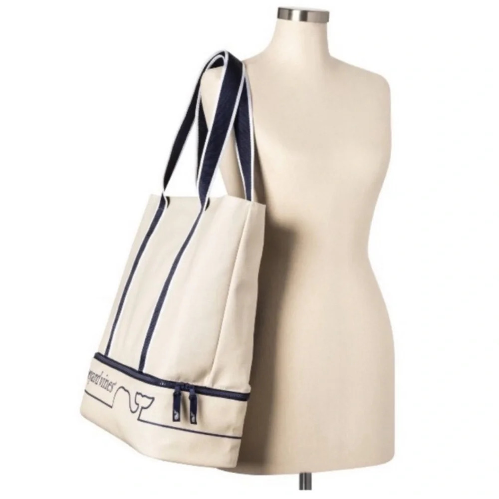 Vineyard Vines Cream Canvas Tote with Navy Trim - Picture 2 of 10